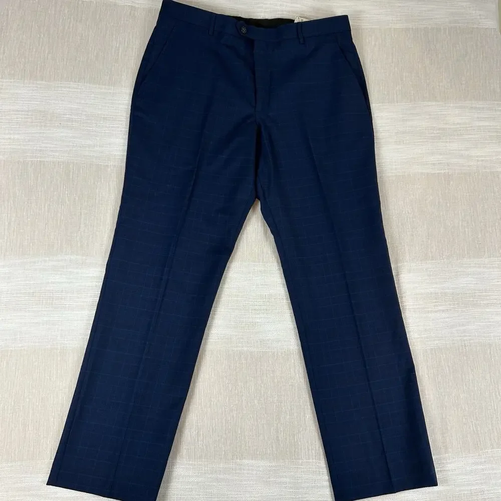 NWT Men's Stafford Blue Glen Plaid Dress Pants‎ Sz 36x32 Flat Front Stretch